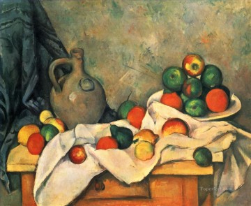 Paul Cezanne Painting - Jarra de cortina y fruta Paul Cezanne